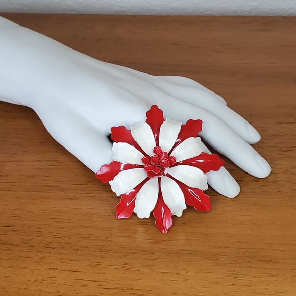 Vintage Jewelry - Vintage | Red & White Enamel Floral Flower 3" Brooch Pin
